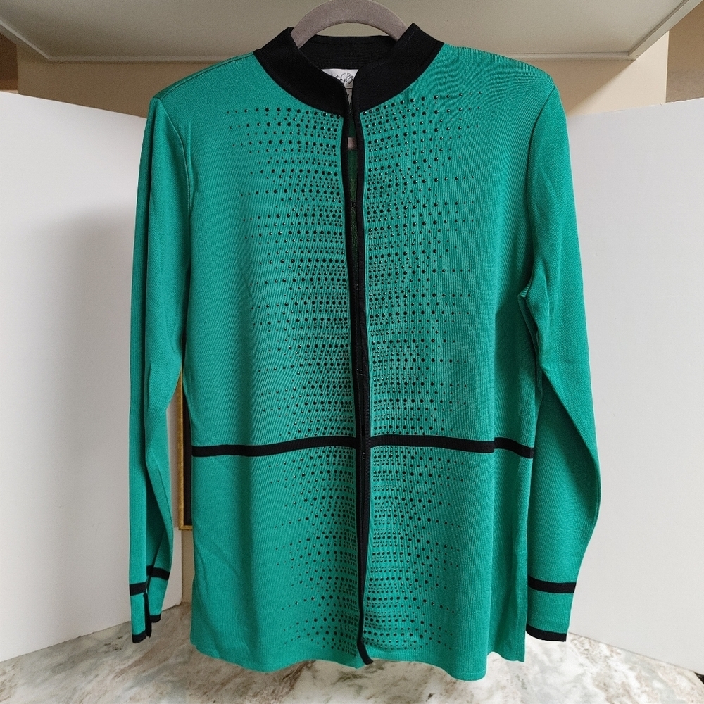 Ming Wang Kelly Green & Black Trim Tunic Jacket sz M